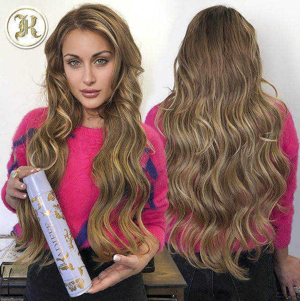 Back and front of a girl's hairstyle with Kadiffe hairspray 